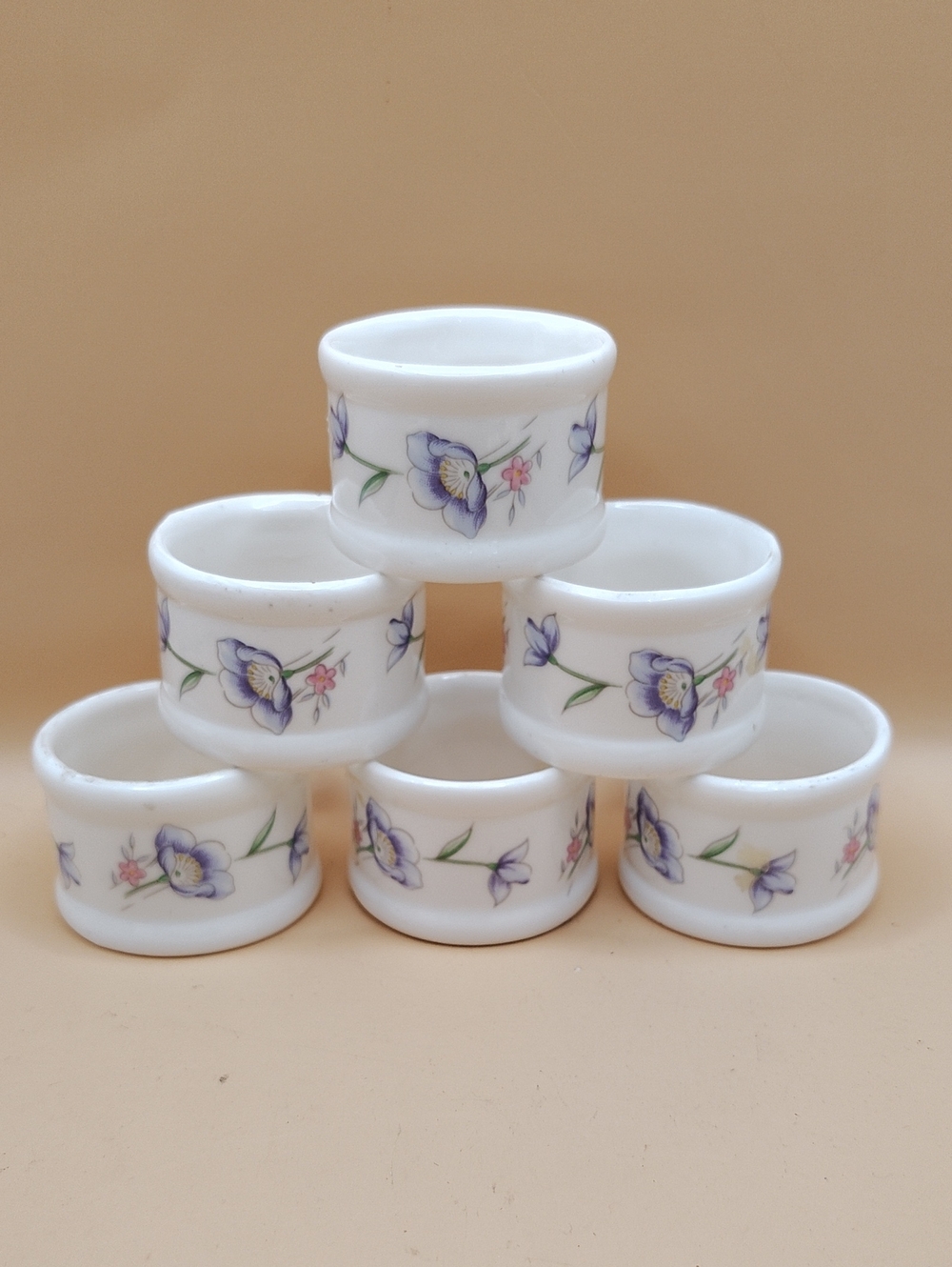 White Floral Ceramic Napkin Ring Set Of 6 - Purple Flower Design